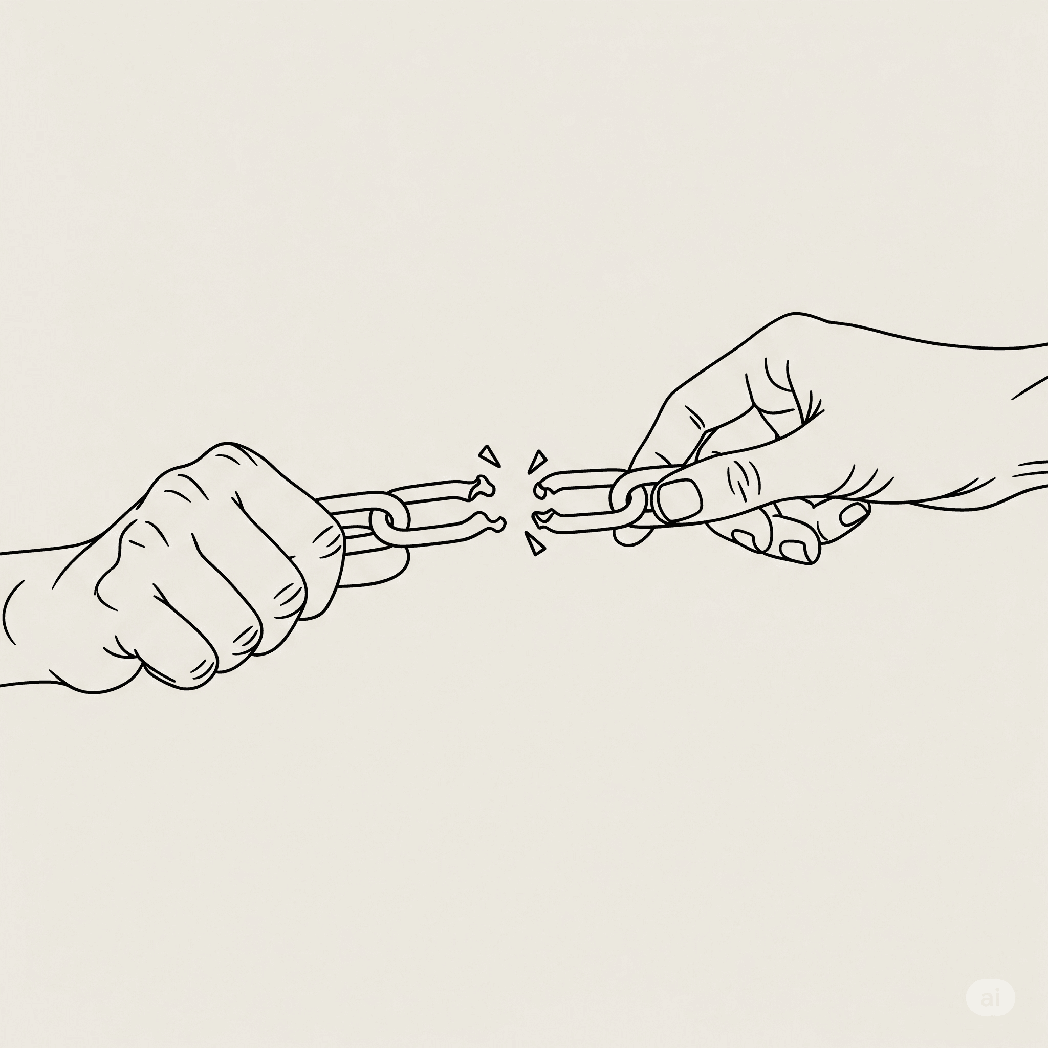 Una ilustración minimalista de un par de manos rompiendo limpiamente un eslabón de una cadena.