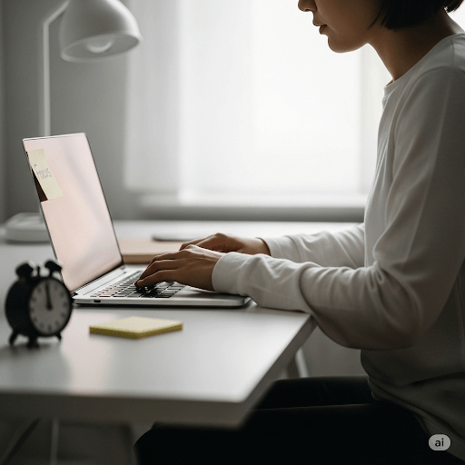 Persona trabajando concentrada en una laptop con un temporizador discreto